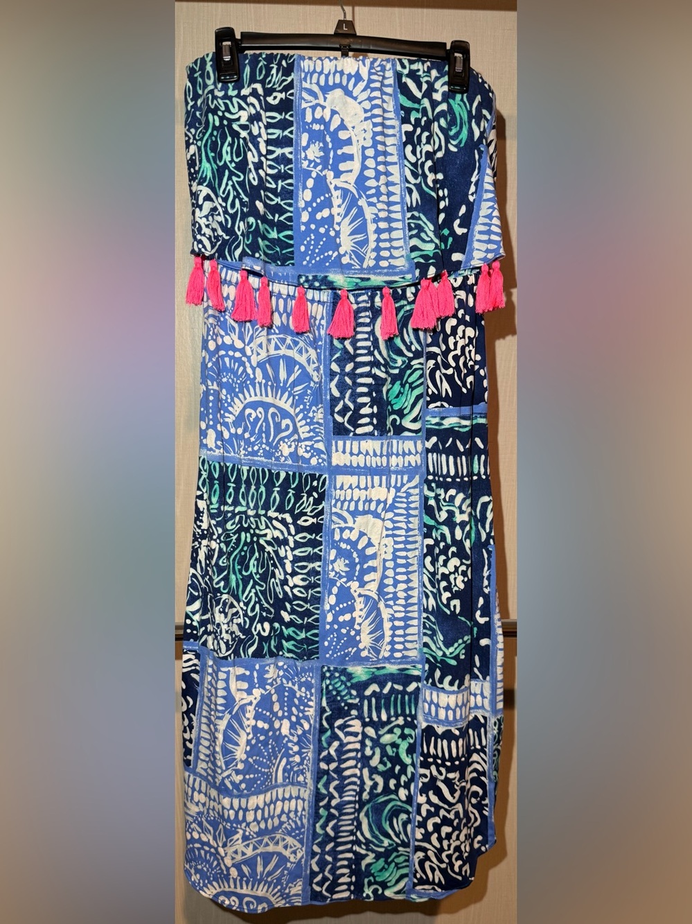 Lilly Pulitzer Navy & Aqua Patchwork Tassel Dress with Pink Trim